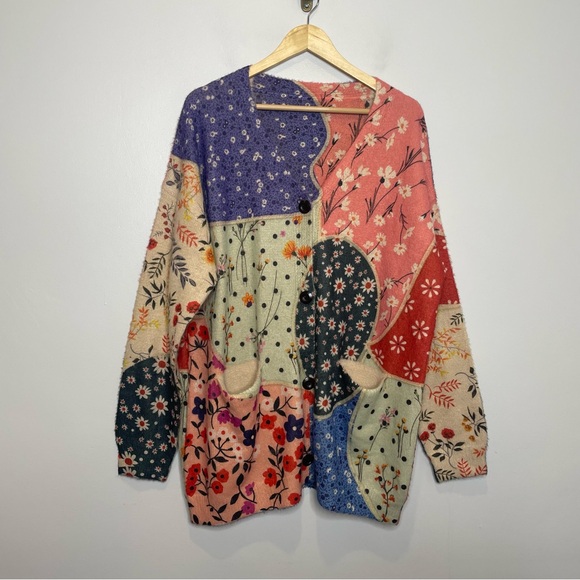 Cozy Patchwork Long Cardigan Retro Boho Festival 70's Hippie - no size tag - Picture 3 of 6